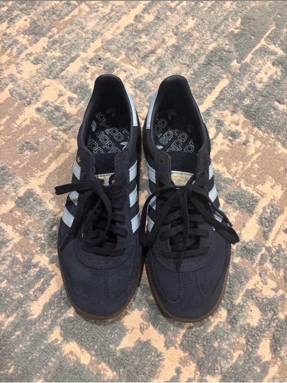 Adidas navy blue and light blue stripe sambas